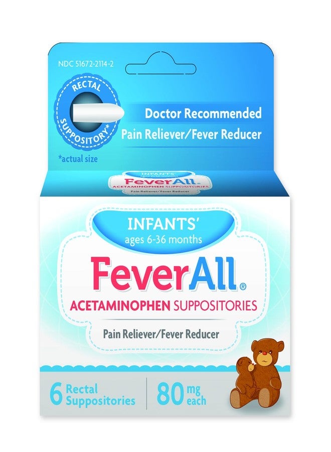 Feverall Infant Acetaminophen Suppositories 6 Rectal Suppositories 80mg Each Pain Reliever/Fever Reducer. Paraben Free, No Artificial Colors or Other preservatives. Ages 6-36 Months - Image 1